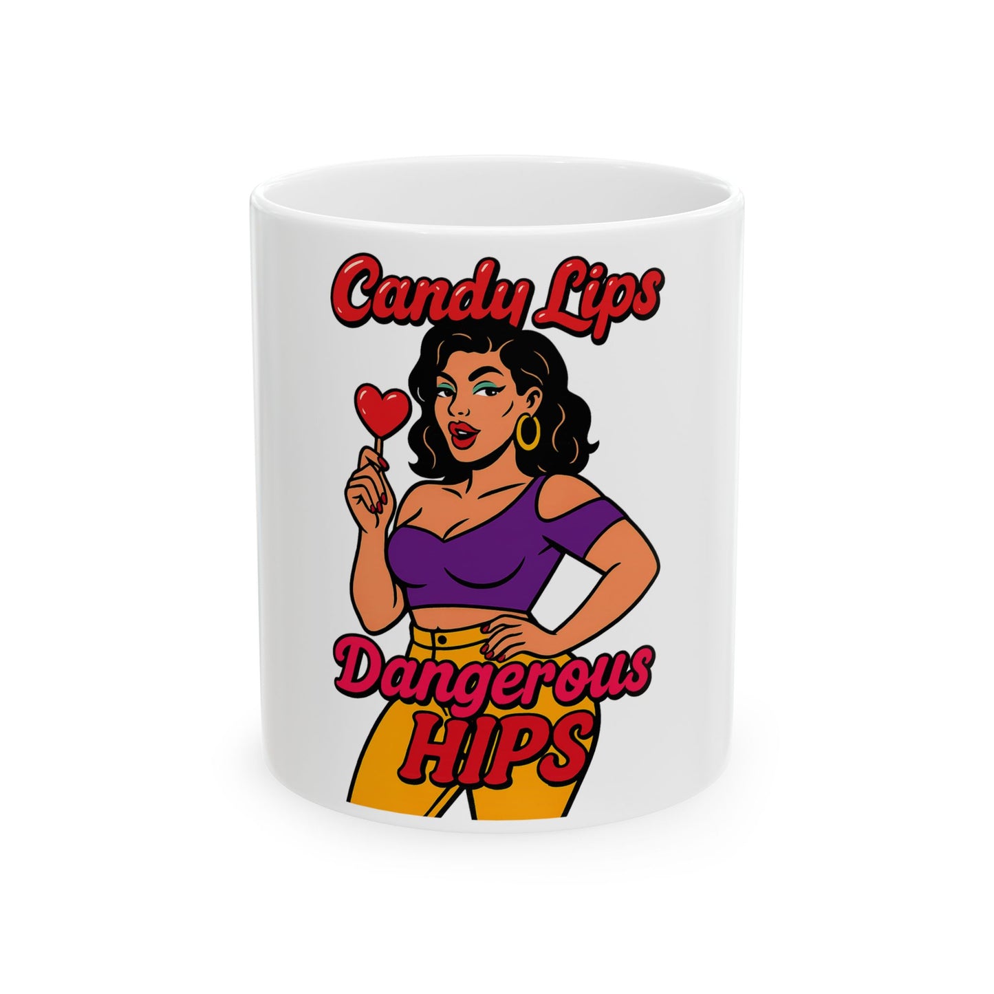 Candy Lips Dangerous Hips Ceramic Mug - Fun Coffee Cup for Gifts, Birthday, Humor, Kitchen Decor, Retro Style