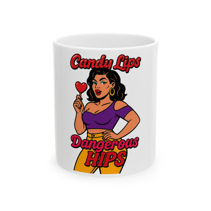 Candy Lips Dangerous Hips Ceramic Mug - Fun Coffee Cup for Gifts, Birthday, Humor, Kitchen Decor, Retro Style