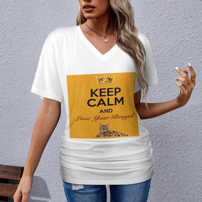 Keep Calm and Love Your Bengal V-neck pleated T-shirt