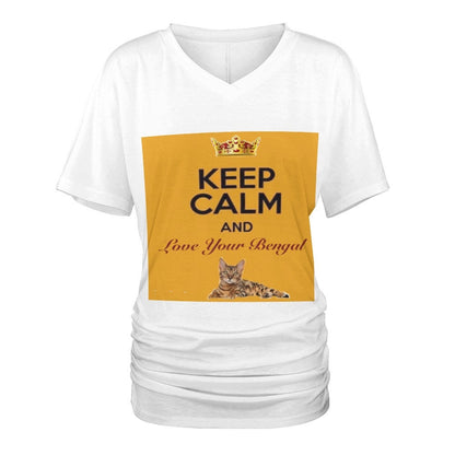 Keep Calm and Love Your Bengal V-neck pleated T-shirt