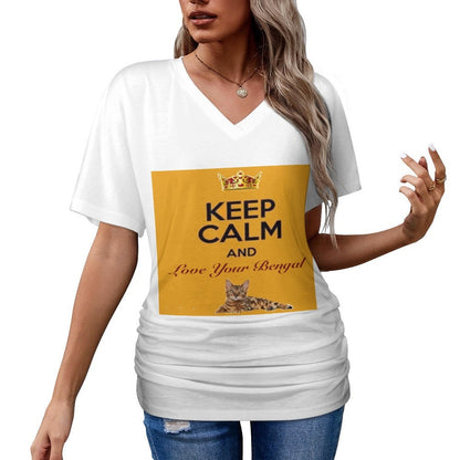 Keep Calm and Love Your Bengal V-neck pleated T-shirt