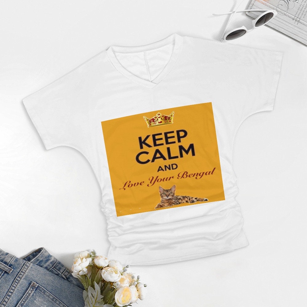 Keep Calm and Love Your Bengal V-neck pleated T-shirt